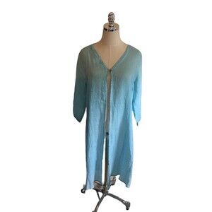 Color Me Cotton CMC Duster Women's Size Small Light Blue Linen 3/4 Sleeve
